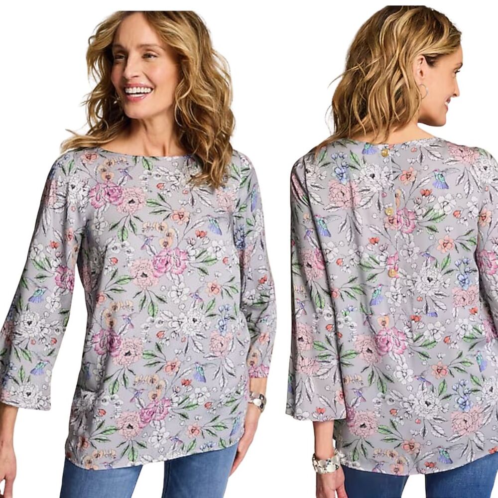 J. Jill Hummingbird Printed Satin Top Floral Spring Blouse Flutter Sleeve Size S
